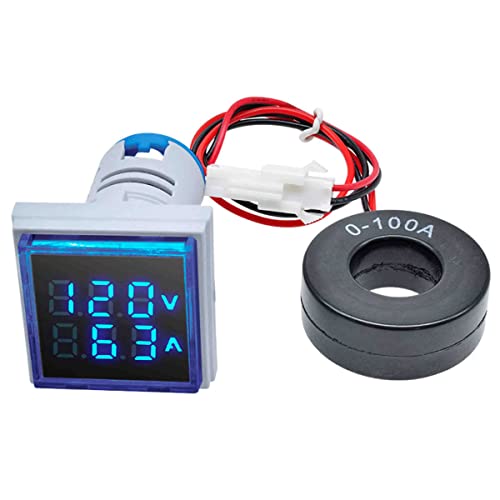 Image of LED Display Voltmeter, Voltage Tester Current Detector Voltmeter Ammeter AC 50-500V 0-100A Meter Indicator - Voltage Tester Current Detector Round 22mm (Square Blue)