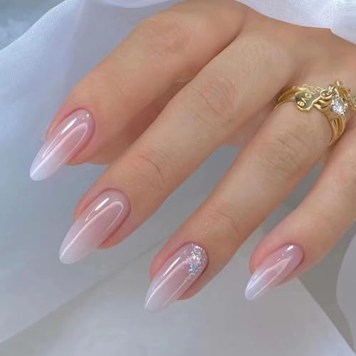 24 Uñas Postizas French Nude Gloss Ovales Almendra Medio - Uñas Acrílicas Autoadhesivas para Mujer - Manicura Rápida en Casa para Eventos