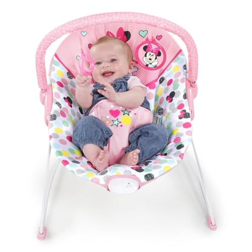 Bright Starts, Disney Baby, Minnie Mouse Spotty Dotty, Babywippe Babyschaukel mit Vibrationen, maschinenwaschbarem Sitzpolster, rutschfesten Füßen, 2 Hängespielzeugen, 0-6 monate