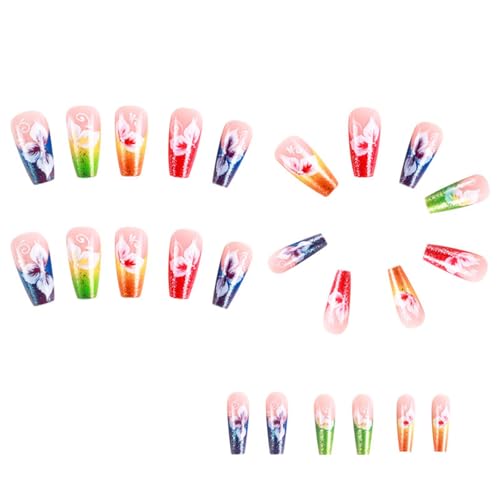 Coffin Press on Nails Medium Colorful French Tip Fake Nails Press ons Flower Glitter Design Glue on Nails Pink Full Cover False Nails Glossy Artificial Acrylic Nails for Girls 24Pcs - Thumbnail 5
