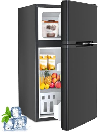 Image of Kismile Mini Fridge with Freezer, 3.2 Cu.Ft Compact Mini Refrigerator with Double 2 Door, Adjustable Temperature, Full Size for Bedroom /Apartment /Office /Dorm, Black