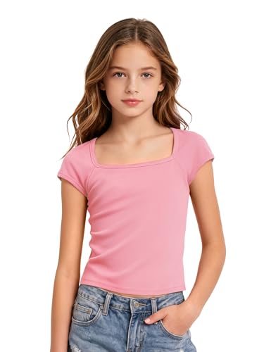 Image of Crop Tops for Girls Short Sleeve Shirt Girls Summer Tops Square Neck Slim Fit Tops Basic Tee