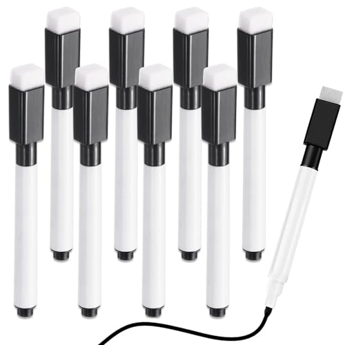 Devenirriche Whiteboard Markers Pens, 8 PCS Magnetic Small Dry Wipe Whiteboard Pens Marker with Eraser, Dry Erase Markers, Black Fine Tip Whiteboard Pen for Kids