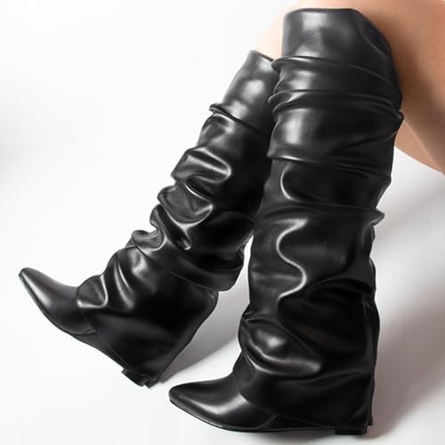 Women’s Slouchy Fold Over Boots Knee High Long Shark Pointed Toe Side Zipper Dress Tall Bootie For Women Ladie Girl2