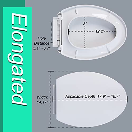 Toilet Seat, Elongated Toilet Seat Slowly Close without Slam, Adjustable for Perfect Fit, Never Loosen, Easy to Clean, Easy to Install, Fits most Standard Elongated Toilets, Oval, White.
