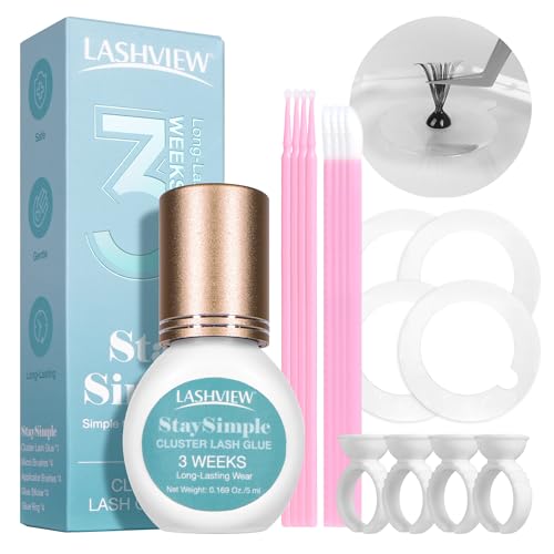 LASHVIEW Waterproof Lash Cluster Glue Kit 3-4 Weeks Strong Hold Lash Glue for Eyelash Clusters 2-3s Drying & Low Irritation at Home or Salon with Tools & Accessories (5ml Black)