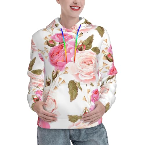 Cadeau d'automne pour femme : sweat rose à capuche floral avec poche kangourou