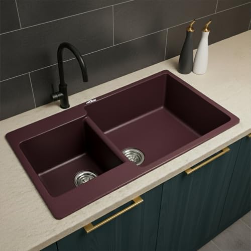 Image of ARQUIN Double Bowl Quartz Kitchen Sink 34x20x9 Inch Brown | Durable & Scratch-Resistant Sink | Undermount,Topmount | Including Coupling,Sink Connector,Waste Pipe & Fruit Washing Basket