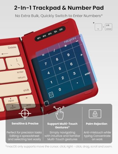 Image of Nilkin Special Edition Upgraded Foldable Bluetooth Keyboard with Touchpad & Number Pad, Portable Wireless Keyboard for Travel, Pocket-Sized, Full Size Keys, Support 3 Devices, (Cherry)