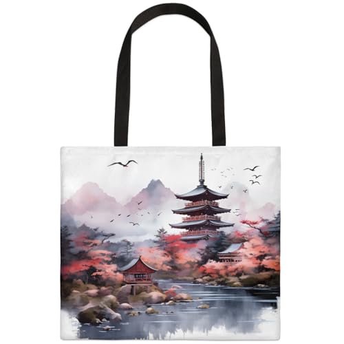 Mularoka Beautiful Scenic Tower Square Canvas Tote Bag Top Handle Purses Stylish Women Canvas Shoulder Tote Bags Reusable Handbags for Work Travel Picnic Beach Shopping Gym Hiking