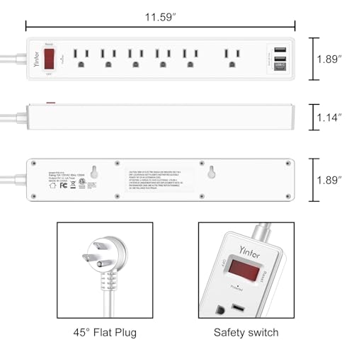 6 Ft Power Strip Surge Protector - Yintar Extension Cord with 6 AC Outlets and 3 USB Ports for Home, Office, Dorm Essentials, 1680 Joules, ETL Listed, White - 8