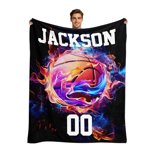 Personalized Basketball Blanket Custom Name Number Throw Customized Sports Gifts for Boys Kids Teens Adult Lover Fans Soft Basketball Team Player Blanket for Sofa Bed Couch