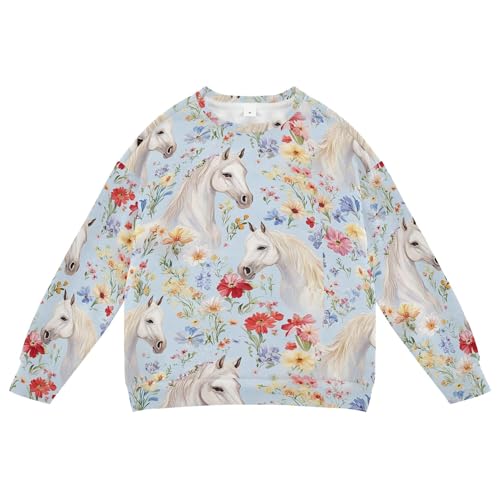 JUNZAN Romantic Flowers Horses Kids Girls Sweatshirts Hoodies Long Sleeve Sweatshirt With Hoodie Athletic 4T