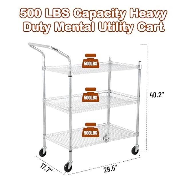 3 Tier Metal Rolling Utility Cart on Wheels, Chrome Steel Wire Storage Trolley with Handle, Heavy Duty Kitchen Serving Cart Organizer for Home Office Warehouse, High Handle-mwImp0VZ