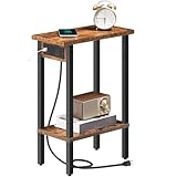 HOOBRO Small End Table with Charging Station, Narrow Side Table with USB Port and Outlets, Skinny Sofa Table, Slim Nightstand, Living Room, Bedroom, Rustic Brown and Black BF240UBZ01
