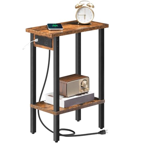 HOOBRO Narrow Side Table 2-Tier Slim End Table with Charging Station Skinny Nightstand with Open Storage for Small Spaces Living Room Bedroom Study Rustic Brown and Black BF240UBZ01