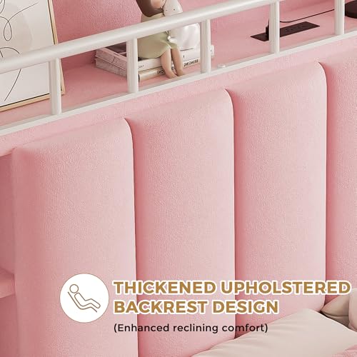 Image of Pink Full Size LED Bed Frame with Storage Headboard, Upholstered Velvet Wood Princess Bed for Girls with 5 Charging Ports (USB-C & AC), Hidden Compartment, Sturdy Aluminum Frame & 2 Silent Drawers