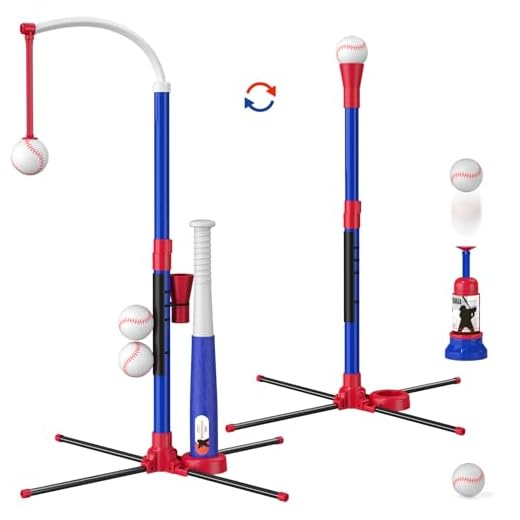 HYES 3-in-1 Baseball Set for Kids 3-5 - Tee Ball Stand, Hanging Tee, Ball Launcher and 6 Softballs - Adjustable Height, Indoor/Outdoor Sport Gifts for Boys, Blue