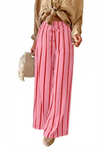 Image of Acelitt Women Drawstring Elastic Waist Wide Leg Pants with Pockets, S-XXL | Elastic waist,loose fit,side pockets,casual,2026 summer trendy,beach vacation outfits