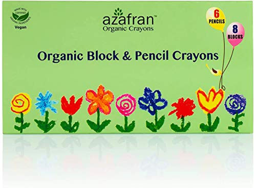 Image of Azafran - Hypoallergenic, Plant-Based, Non-Toxic - Combo Set with 8 Block & 6 Pencil Crayons, Multi-Color - Perfect for Pre-School Drawing