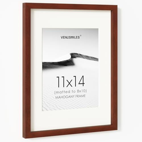 Image of 11x14 Picture Frame, USA-Sourced Natural Mahogany Wood Photo Collage Frame with HD Tempered Glass, Modern Simple 11 x 14 Wooden Frame Matted to 8x10, Vertical & Horizontal Wall Hanging Display