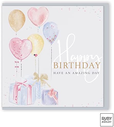 Birthday Card for Female Adult or Child. Balloon Happy Birthday Card for Her with Grey Envelope. 100% Recyclable. Made in the UK by Ruby Ashley. Eco Friendly Birthday Cards for Women.