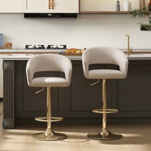 Conjunto de 2 butacos giratorios ajustables en cuero sintético beige con base dorada | Altura ajustable de 25" a 33", giro de 360°, respaldo ergonómico y reposapiés, cojín de espuma viscoelástica, resistente a manchas y fácil de limpiar miniatura 1