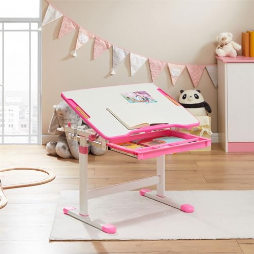 CARO-Möbel Kinderschreibtisch VITA weiß/rosa höhenverstellbar und neigbar, Schreibtisch für Kinder mit Schublade, Tisch mit Rinne für Stifte und Rucksackhalterung