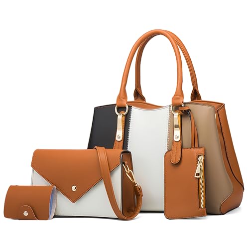 Moda 3 Pezzi Set Donna Borsa a Mano Elegante a Tracolla Borsetta con Piccola PU Pelle Borse Tote per Viaggio Shopping Lavoro Quotidiano Satchel Messenger Marrone