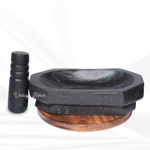 Image of Mortar pestle for kitchen, Silbatta for Chutney, Khalbatta Stone, ammikallu for kitchens small rolu rokali, idi kallu Pure Unpolished Granite Stone (Black, Length = 12 Inch)