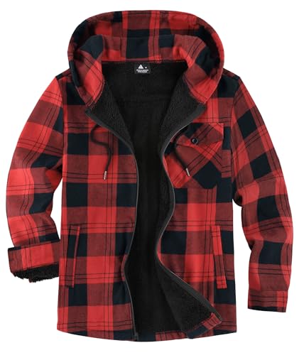 Image of V VALANCH Men's Sherpa Lined Flannel Jacket with Hood - Zip Up Plaid Shirt Jacket Winter Outdoor Warm Outerwear Fleece Coat