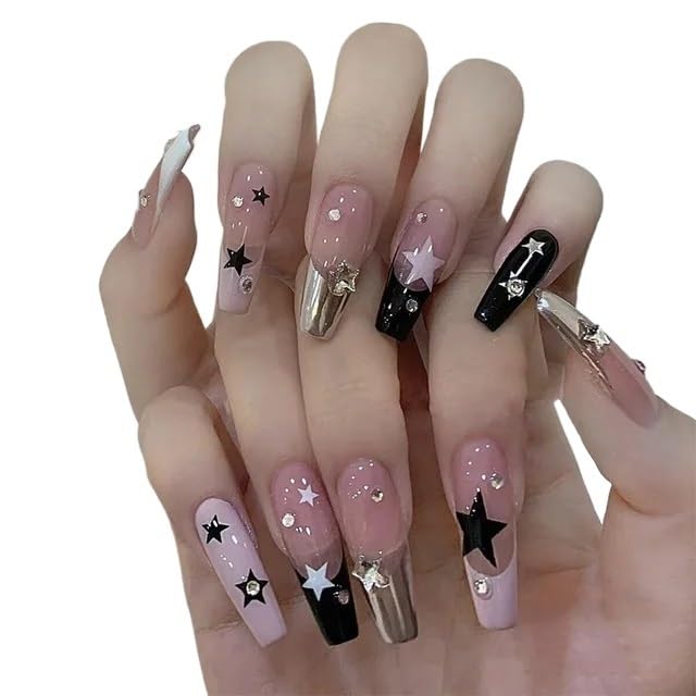 UñAs Postizas Uñas postizas cuadradas cortas con diseños de estrellas blancas/negras for niñas 24 piezas(Y-4)