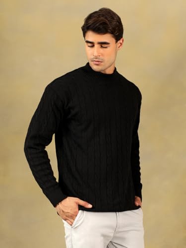 Image of Kvetoo Men's High Neck Cable Knit Sweater | Winter Pullover | Warm Wool Blend |Casual Full Sleeve Sweater for Men | Stylish Ribbed Neck Slim Fit Winterwear