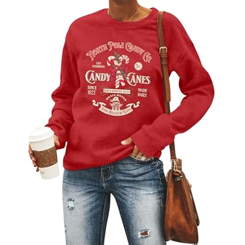 FASHGL Christmas Sweatshirts Women Candy Canes Graphic Sweatshirt Vintage Xmas Long Sleeve Shirt Pullover Tops Rich Red Cover