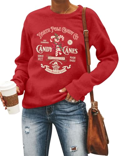 FASHGL Sweats de Noël pour femme avec motif de canne à sucre d'orge - Vintage - Chemise à manches longues, Rouge riche., Large