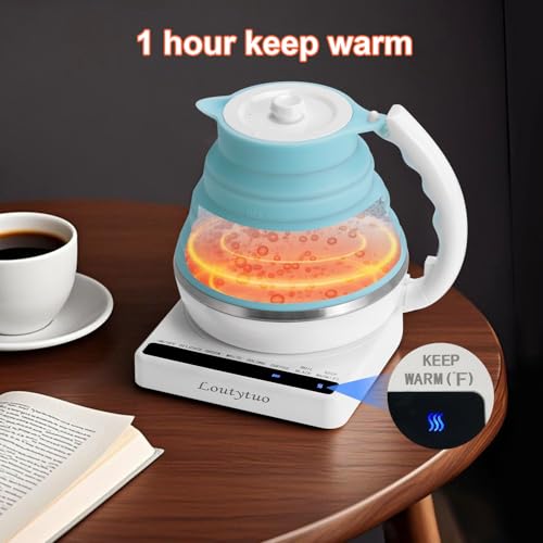Ultrathin Food Grade Silicone Travel Foldable Electric Kettle Variable Temperature Control with Dual Voltage, Auto Shutoff & Boil Dry Protection & Keep Warm, 555ML 110-220V US Plug (Blue)