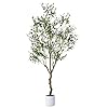 Artificial olive tree 6ft indoor fake silk plant with realistic trunk leaves fruits and white planter faux potted tree for home decor and housewarming gift 1 pack  urban country home decor
