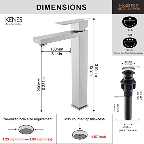 Kenes Brushed Nickel Vessel Sink Facuet Single Handle Tall Bathroom Sink Faucet Vanity Bathroom Faucet Basin Mixer Tap With Water Supply Hose And Pop Up Sink Drain, Lj-9031A #TOP5