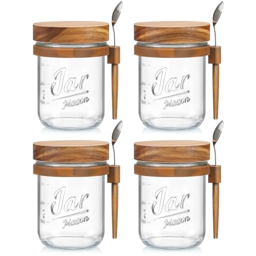 LANDNEOO 4 Pack Overnight Oats Containers with Lids and Spoons, 16 oz Glass Mason Jars with Airtight Lids, Overnight Oats Jars for Milk, Cereal, Fruit-Beige