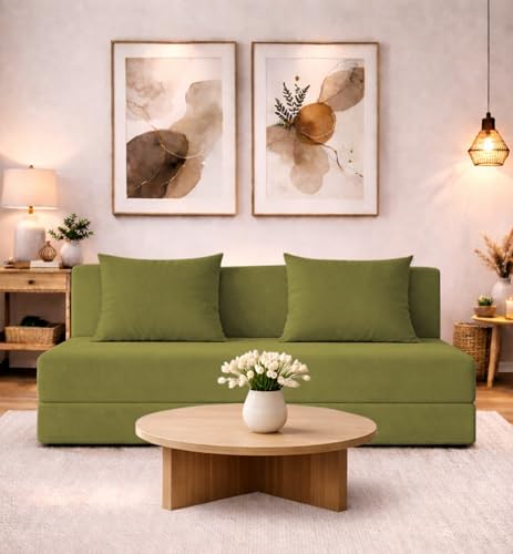 Image of Adorn India Easy 3 Seater Sofa Cum Bed | Velvet Fabric | Light Green | Plain Design | 6x5 Ft | Comfortable Seating | Washable Cover | Perfect for Home & Office