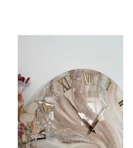 Image of Handmade Resin Wall Clock with Roman Numerals - Luxury Marble Effect Designer Wall Clock with Gold Finish, Silent Quartz Movement, Modern Home & Office Decor, Golden