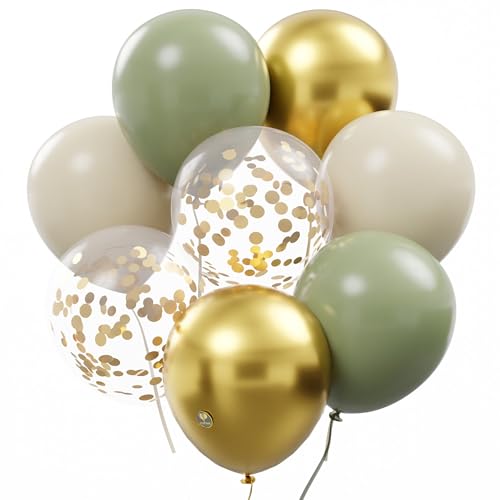 Image of AFTERLOON Biodegradable Natural Rubber Latex 50 pcs Sage Green /Sand White /Gold 12 Inch Set, Plastic-Free Alternative Confetti Thickened Extra Strong Latex Helium Float, for Baby Shower Wedding Decor