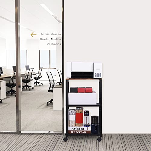 suruim Printer Stand Industrial Printer Cart with Wheels Printer Table with Storage 3-Tier Printer Rolling Holder with Shelves Wood Mobile Printer Stand Rack for Home Office Rustic Brown