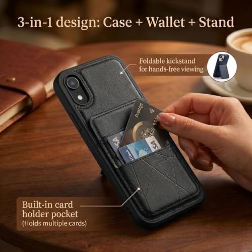 Image of amazon basics Premium Vegan Leather Back Cover with Card Holder and Integrated Mobile Stand for iPhone XR - Slim Shockproof Wallet Case with Geometric Stitching [Black]