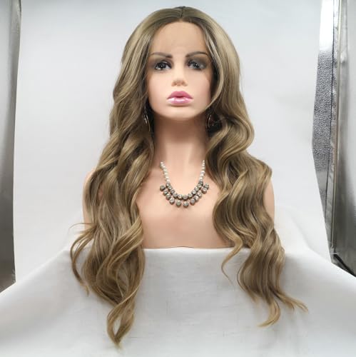 Pelucas naturales para las mujeres peluca rubia larga sintética Encaje frente Pelucas onduladas pelo rubio ahumado mezcla color fiesta Cosplay uso diario peinado 66 cm