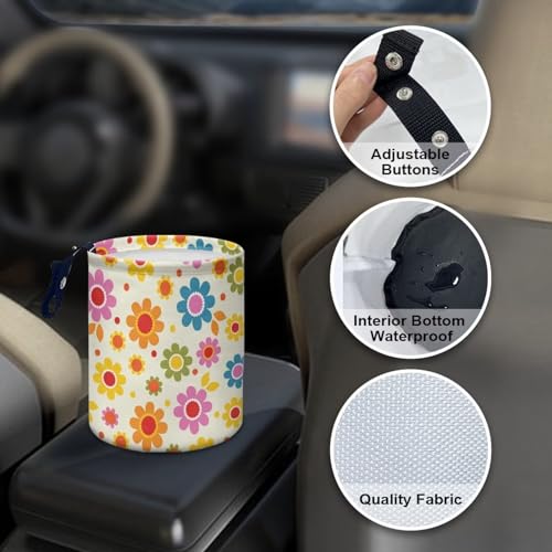 Image of Cute Hippie Flower Mini Car Trash Bin Car Garbage Can Car Storage Bag Waterproof Multipurpose Car Organizer Car Accessories for Women Interior