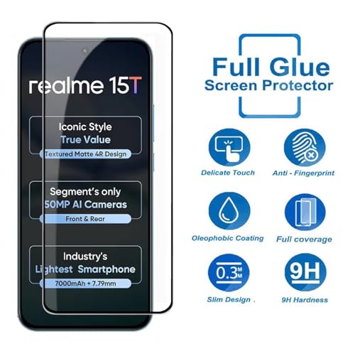 Image of HD Tempered Glass Screen Protector Compatible for Realme 15T 5G with Edge to Edge coverage and Easy Installation kit