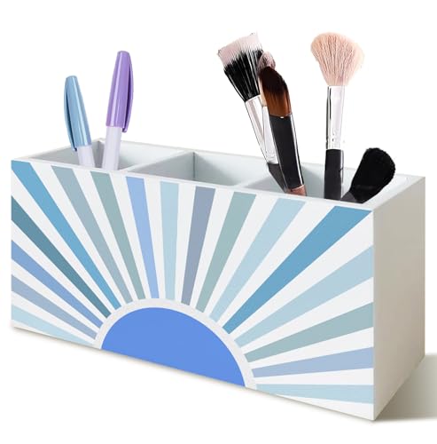 KRHFG Boho Blue Sun Sunshine Pen Pencil Holder for Desk, Boho Home Decor, Mid Century Modern Sunset Sunrise Wood Signs for Home Office Desk Tabletop Decor and Accessories