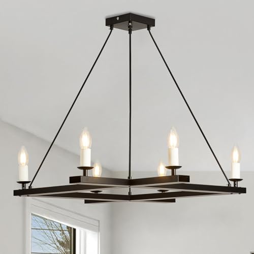 NKJORTPPL Black Farmhouse Chandeliers,6-Light Square Dining Room Chandelier Light Fixture,43" Rectangular Candle Chandelier Pendant Lights for Entryway Living Room Foyer Kitchen Island by NKJORTPPL - Used condition - US$27.05