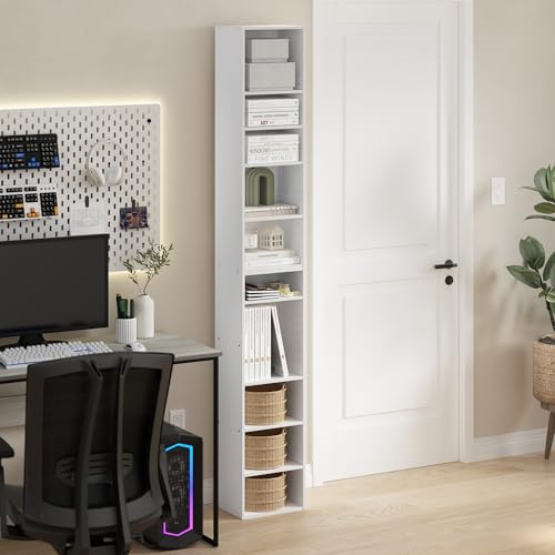 Image of Furinno PASIR Book Shelf, 10-Tier Bookshelf, Bookcase with Open Shelf, 9.2 x 11.8 x 78.7, for Living Room, Bedroom, Home Office, White